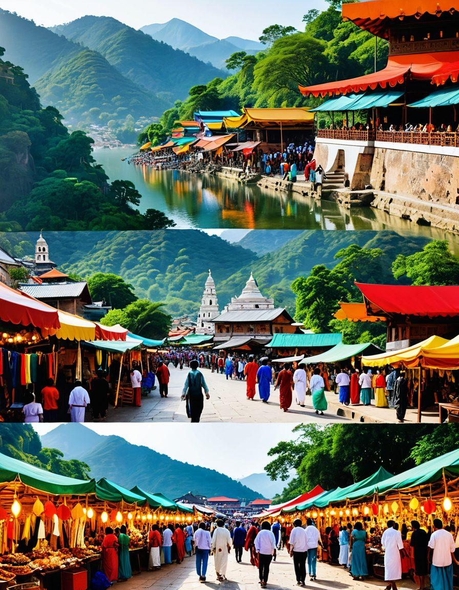 A collage of diverse cultural experiences featuring a vibrant traditional market, a serene temple tucked in lush mountains, and a bustling street festival with locals dancing, rich textiles, and artisanal crafts. The image perfectly captures the essence of adventure and exploration, inviting viewers to discover hidden gems around the world. super-realistic. vibrant colors. white background.