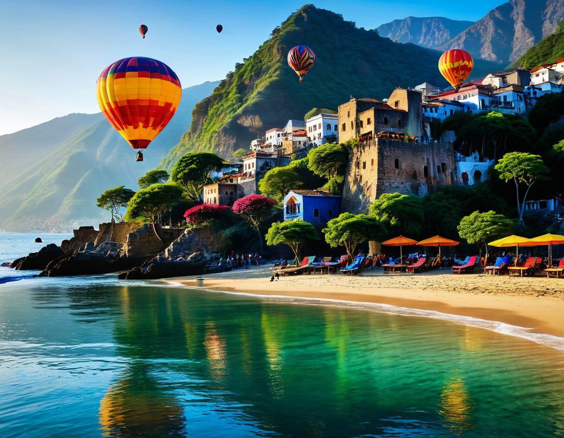 A breathtaking landscape featuring diverse destinations: a serene beach, a majestic mountain, vibrant city streets filled with local markets, and ancient ruins. Intertwined are cultural elements like traditional costumes and famous cuisines from around the world. The sky is filled with colorful hot air balloons, symbolizing the adventure of travel. The overall feel is enchanting, inspiring the spirit of exploration. super-realistic. vibrant colors. captivating scenery.