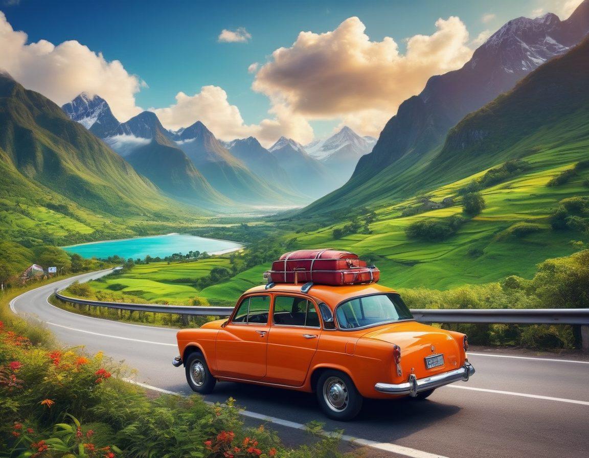 A panoramic view of a scenic road winding through breathtaking landscapes, with vibrant mountains and lush greenery on either side. Include a vintage car filled with colorful luggage, symbolizing adventure and exploration. In the background, hint at distant exotic destinations like tropical beaches and snowy peaks under a bright, sunny sky. Emphasize a sense of wanderlust and excitement for travel. super-realistic. vibrant colors. 3D.